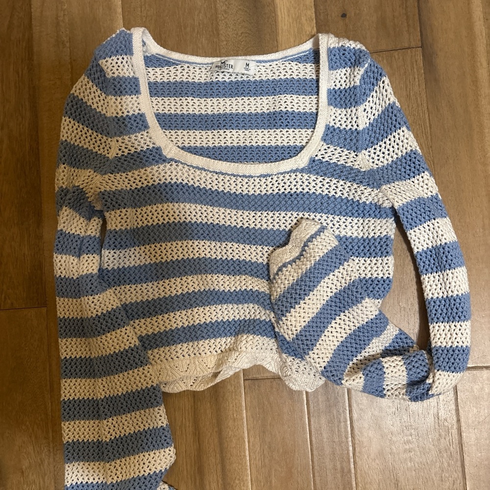 Hollister Blue and Cream Crew Neck Sweater with Nautical Stripes